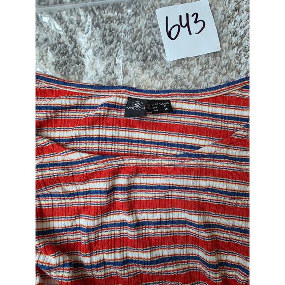 VOLCOM Red Orange Blue Ribbed Retro Sporty Active Crop Top Tee SZ S - Picture 8 of 8